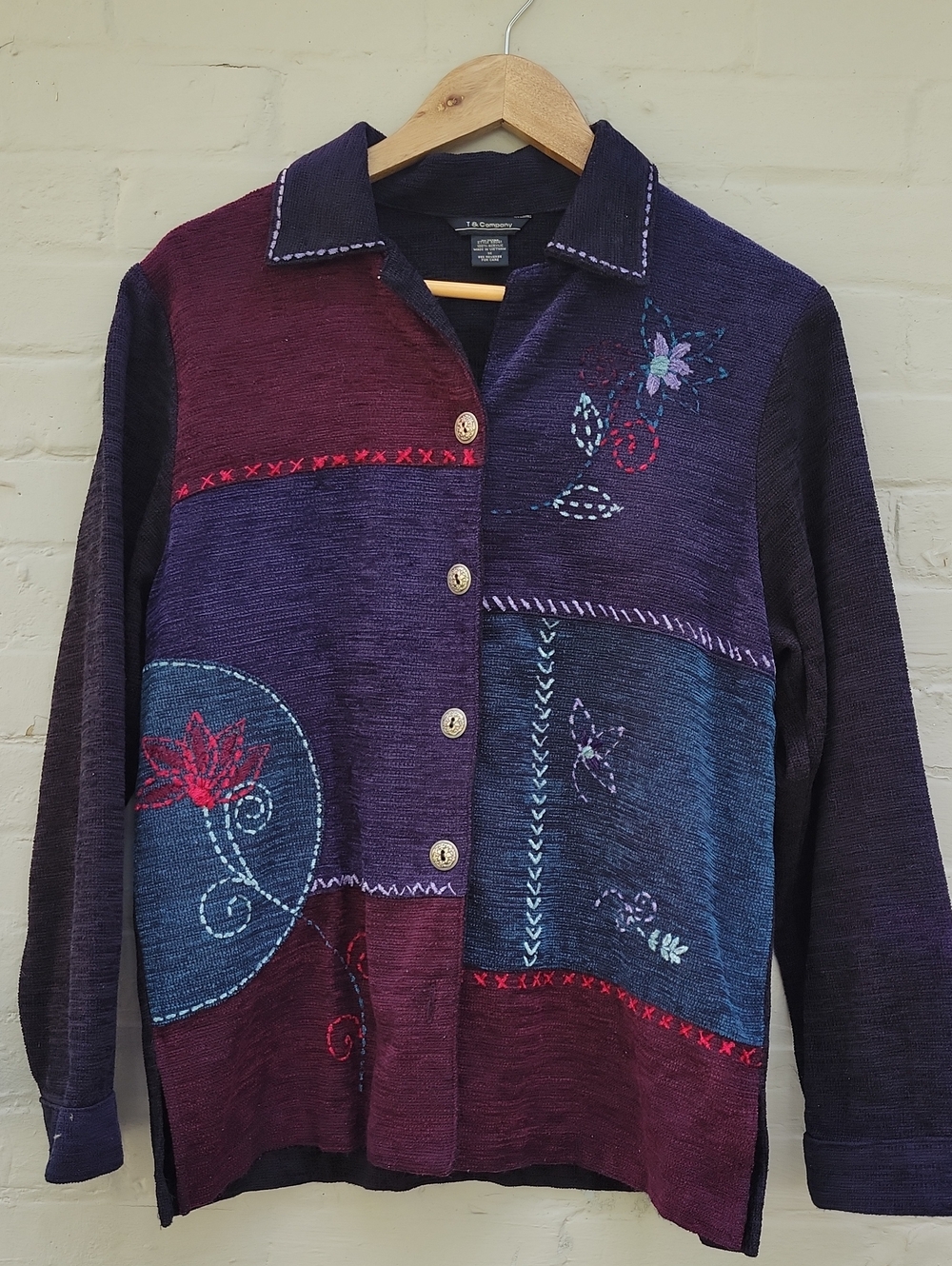 T&Company Cranberry Blue Patchwork Button-Front Women's Sweater Jacket Sz M